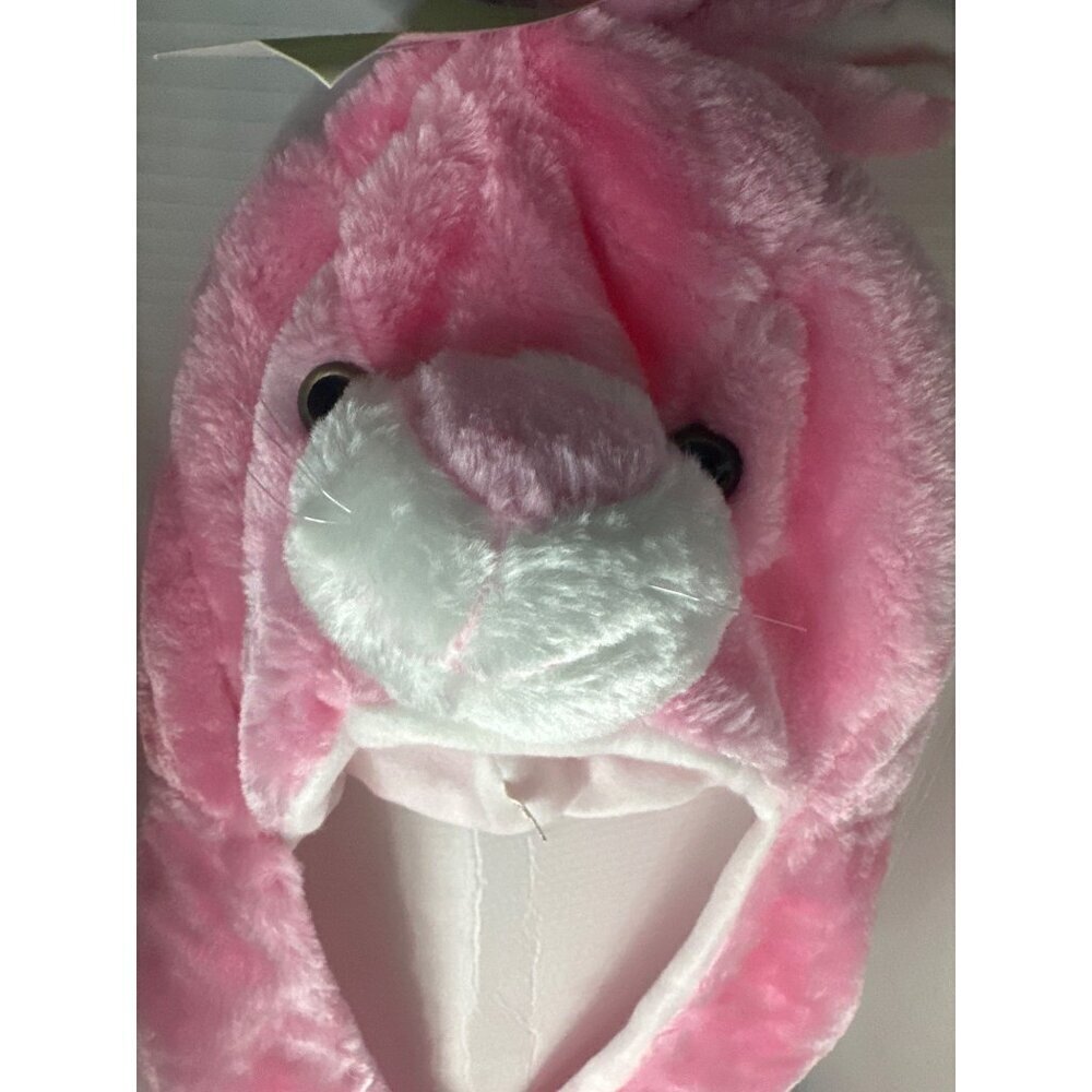 Pink Bunny Plush Hat Ear Flaps with Arm-Length Attached Mittens fall cozy